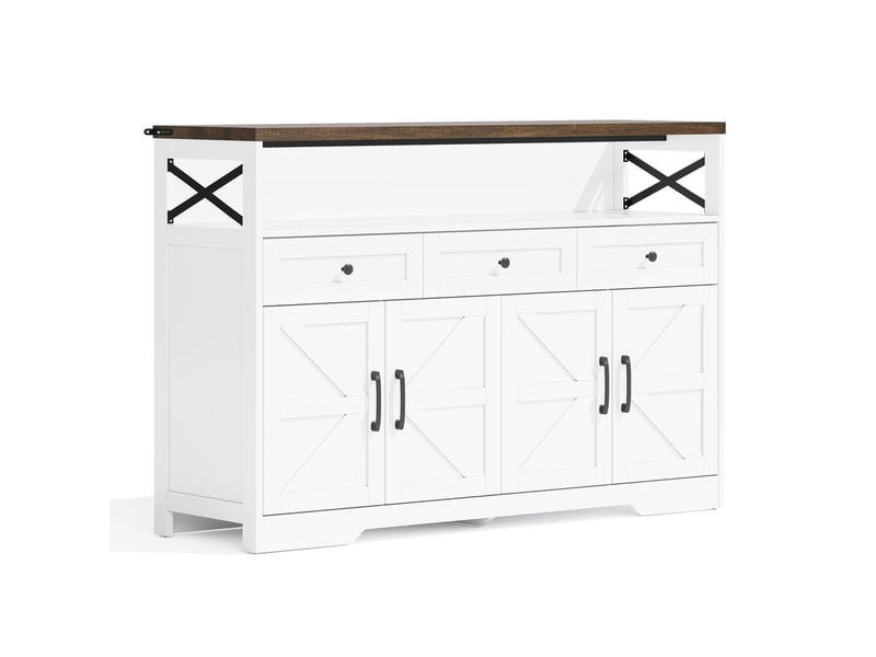  Buffet rustique blanc et marron 140x95cm, meuble de rangement cuisine avec 3 tiroirs et 2 portes, style campagne moderne  - Conforama A