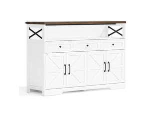 Buffet rustique blanc et marron 140x95cm, meuble de rangement cuisine avec 3 tiroirs et 2 portes, style campagne moderne