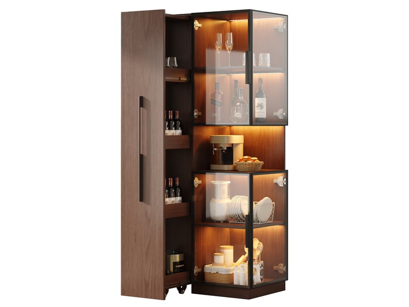  Vitrine armoire led verre 70x38x160cm meuble de rangement buffet haut avec éclairage led 5 portes pour salon cuisine - noyer  - Conforama A