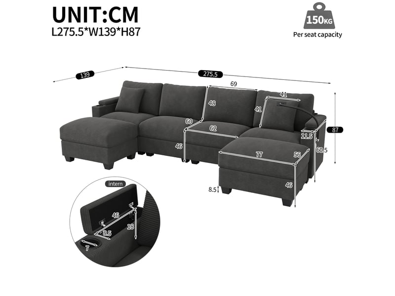  Canapé panoramique en u modulable 5-6 places avec couchage et usb  - velours côtelé gris  - Conforama D