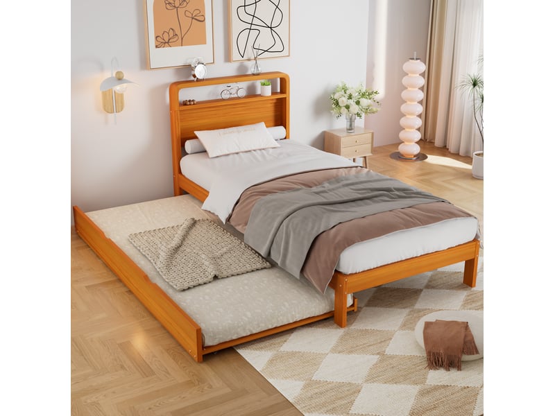  Lit gigogne, 90x200 cm et 90x190 cm, design peu encombrant, tête arrondie, montage gauche-droite, bois, coloris naturel  - Conforama B
