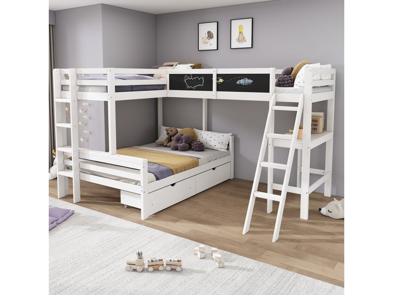  Lit combiné enfant avec bureau étagère et tiroirs pour chambre en bois blanc et chêne  - Conforama D