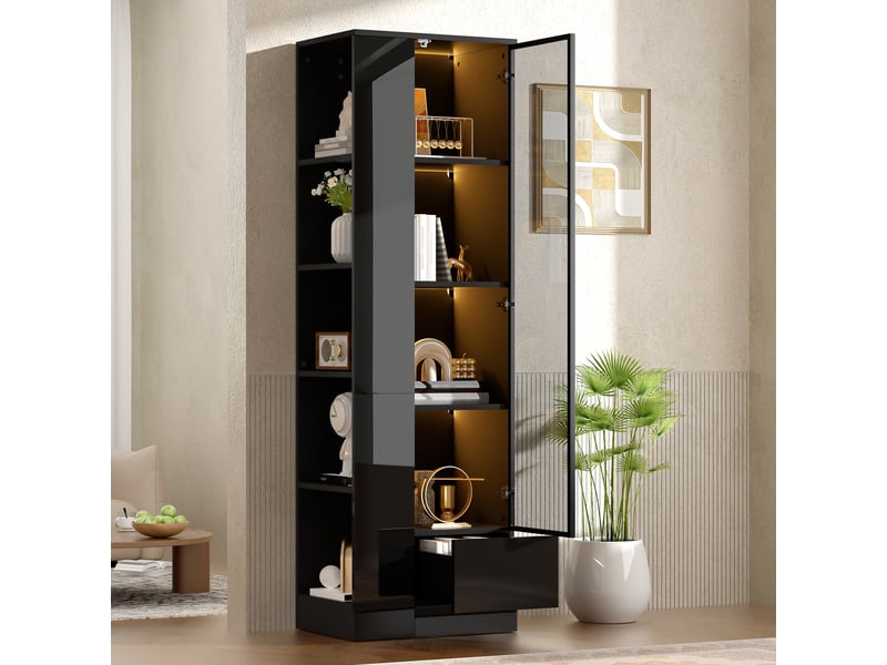  Vitrine 50x35x160 cm noire brillante en panneau de particules avec led  - Conforama E
