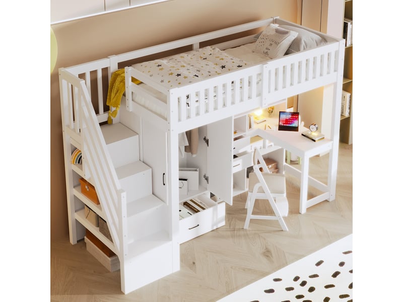  Lit mezzanine 90x200 cm avec échelle de rangement et armoire, lit 1 personne en blanc, lit enfant avec bureau et tiroirs  - Conforama D