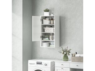 Armoire murale blanche 40x27x77 cm, portes, étagères réglables, compartiment ouvert, salle de bain et cuisine