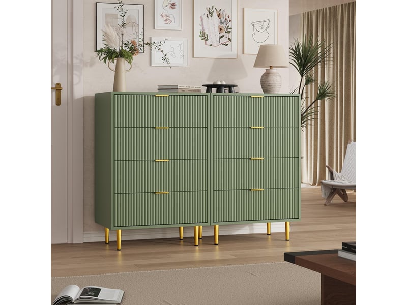  Commode moderne 4 tiroirs façade ondulée – rangement élégant, poignées et pieds dorés – pour chambre, salon ou entrée – vert avocat PHK_35LRSD3V - Conforama E