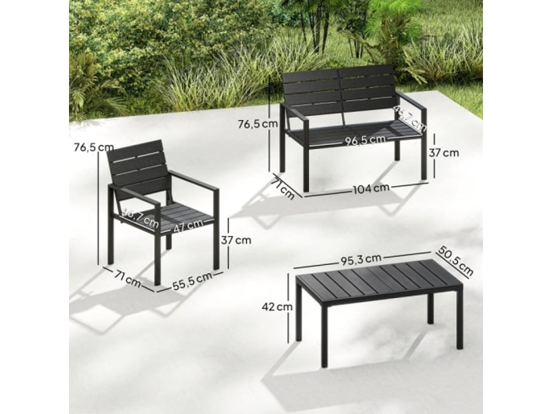Salon de jardin 4 personnes noir, canapé 2 places, 2 fauteuils, table basse, design lattes, extérieur - Conforama C