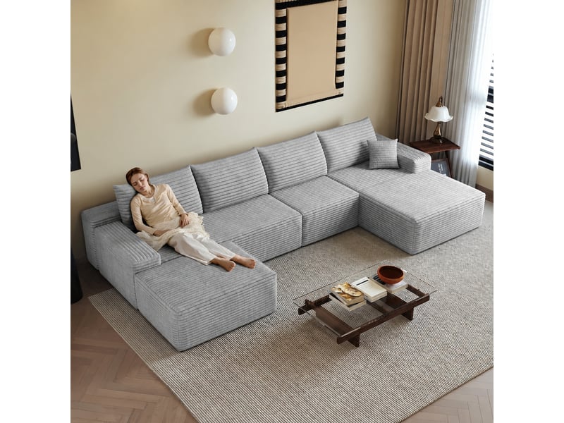  Canapé d'angle avec méridienne, modulable 5 places, assise profonde, 340 cm, gris  - Conforama C