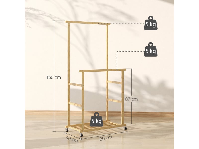  Cintre à roulettes, cintre avec tringle, étagère à chaussures, en bambou, 80 x 40 x 160 cm, naturel  - Conforama E