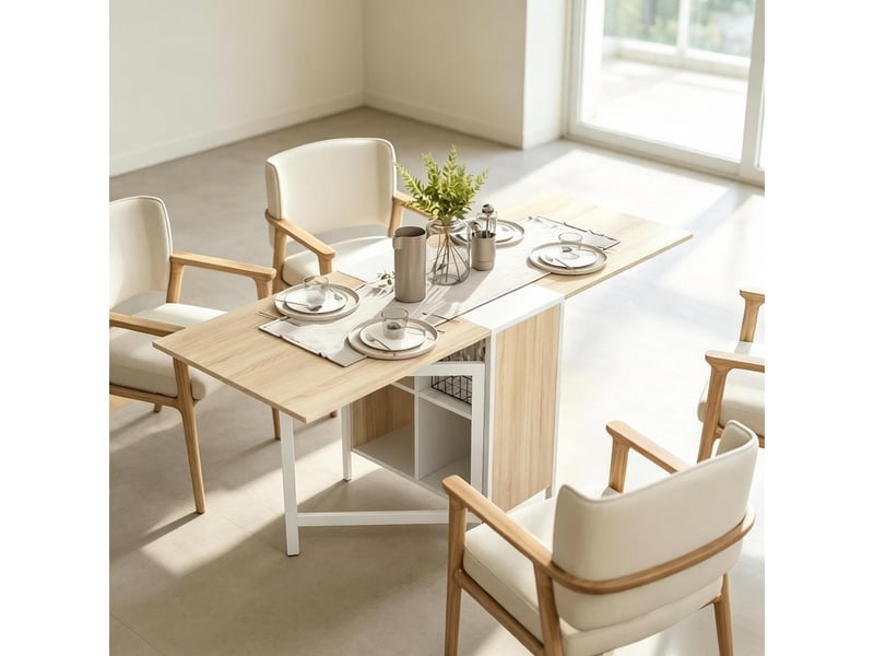 Table de cuisine pliable avec 4 niches en mdf et acier 170×60×75 cm blanc et chêne clair - Conforama C