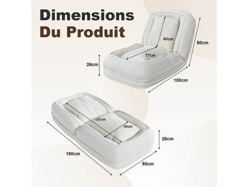  Canapé pliable 80x22x87 cm, structure en métal, avec 5 positions réglables, à usage multifonction, couleur blanc cassé  - Conforama C
