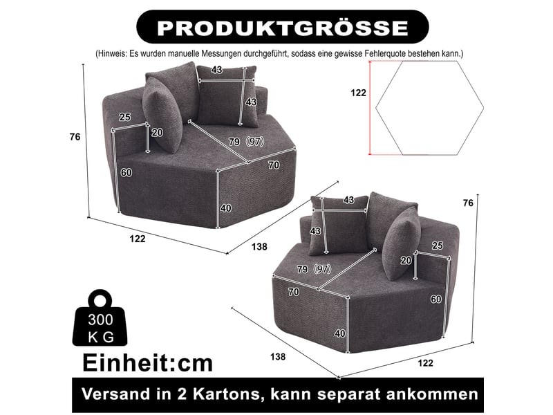  Fauteuil modulaire hexagonal avec trois coussins et dessous antidérapant, en tissu bouclette chenille gris, 122 × 138 × 76 cm  - Conforama C