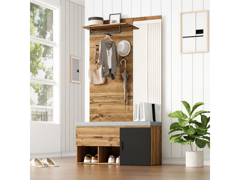  Meuble d’entrée avec miroir, banc rembourré, rangement et penderie 104 x 39 x 190 cm, chêne  - Conforama C