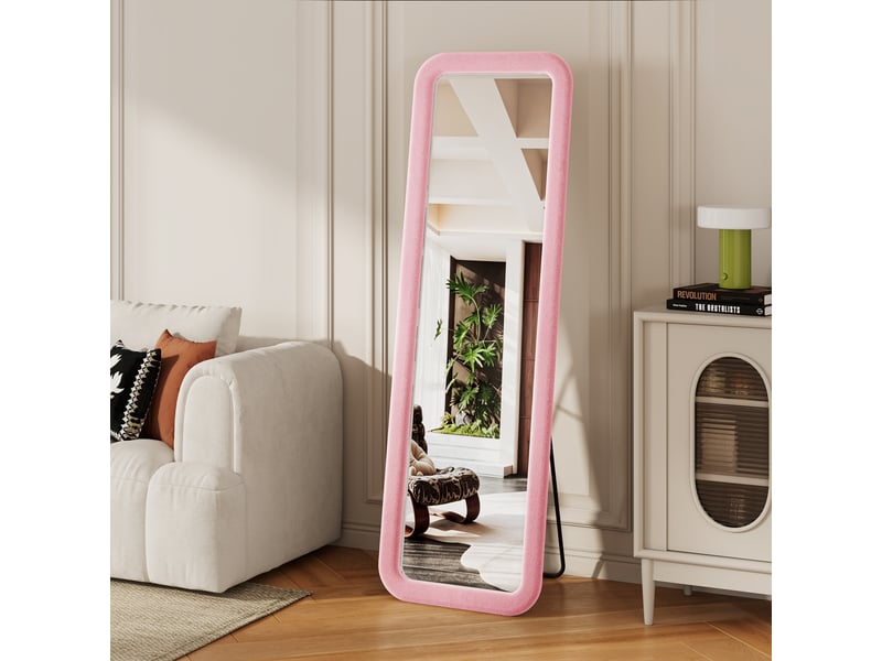  Miroir sur pied - 160 x 50 cm - rose - miroir plein pied rectangulaire à coins arrondis, cadre rembourré en velours, style romantique français  - Conforama C
