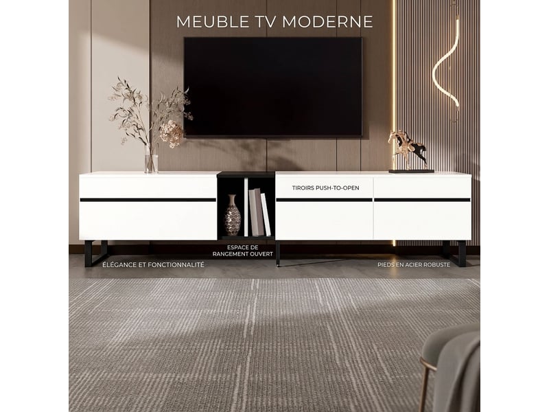  Meuble tv blanc 180 cm avec rangements et portes abattantes, design minimaliste  - Conforama E