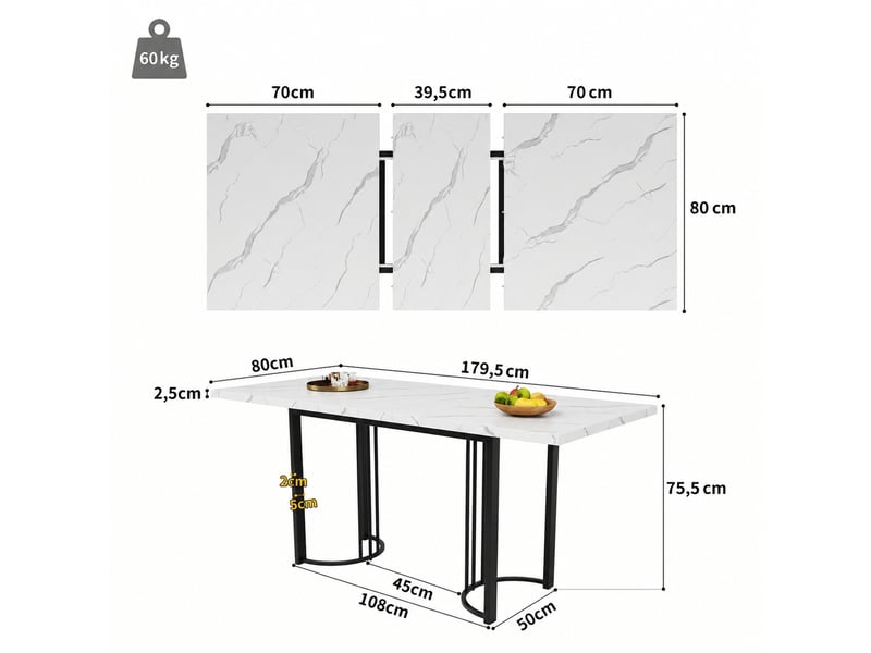  Table à manger rectangulaire extensible effet marbre blancnoir 140–179,5 × 80 cm  - Conforama C