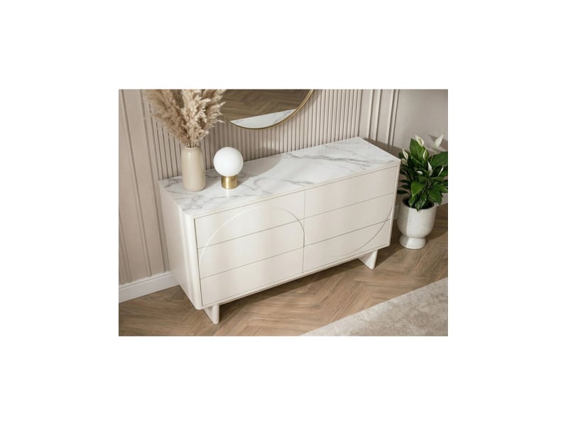  Buffet miya 150 cm blanc – 6 tiroirs et plateau céramique effet marbre  - Conforama E
