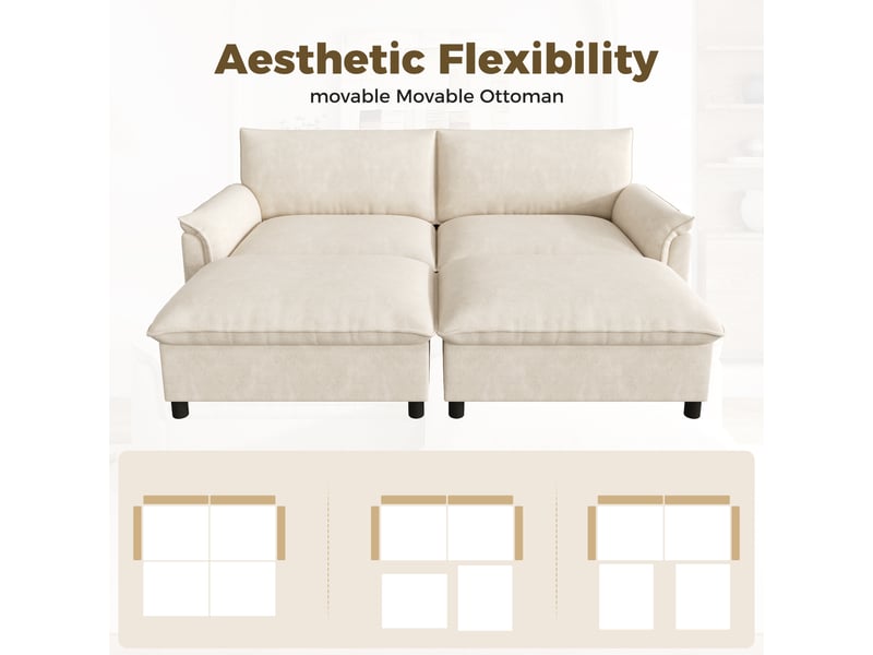  Canapé d'angle modulable, canapé en tissu chenille beige avec 2 poufs de rangement, assise profonde &amp; lit d'appoint pour salon (216x77x82 cm)  - Conforama D