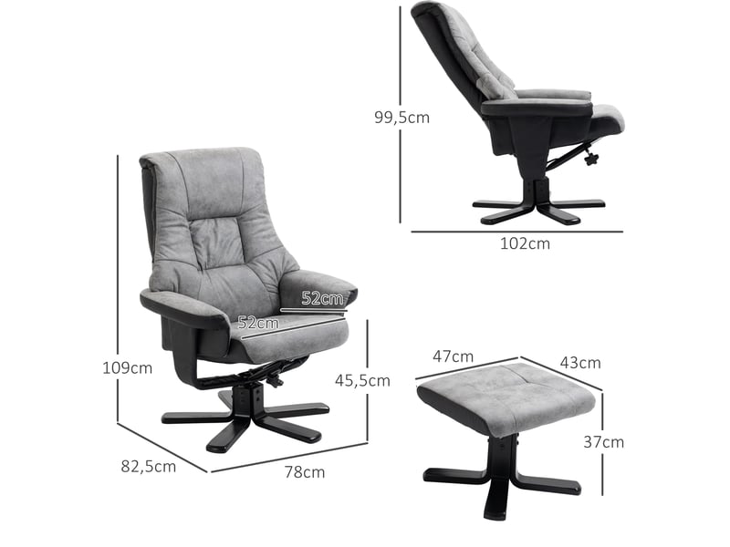  Fauteuil inclinable avec repose-pieds, pivotant à 360°, inclinable à 135°, revêtement respirant, 78 x 82,5 x 109 cm, gris  - Conforama E
