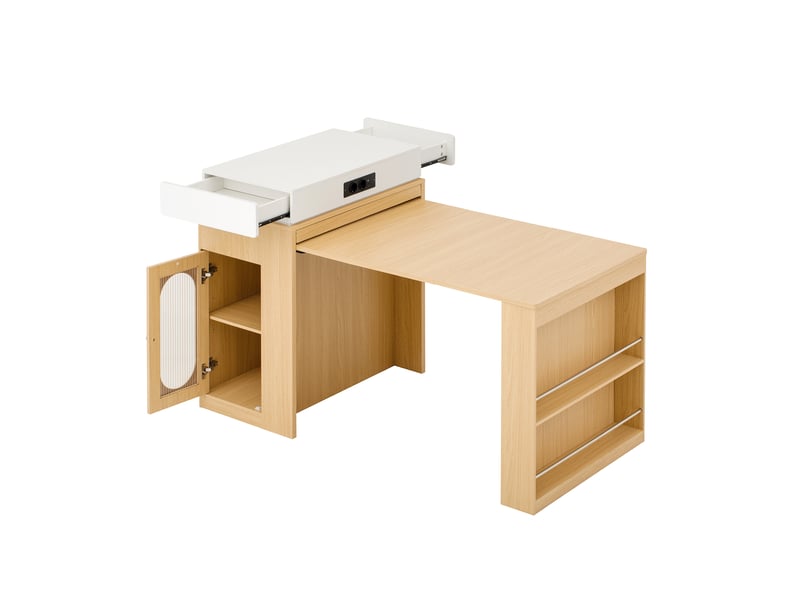 Îlot de cuisine mobile avec table extensible, mdf naturel, 83x46-146,5x96 cm, prises intégrées - Conforama E