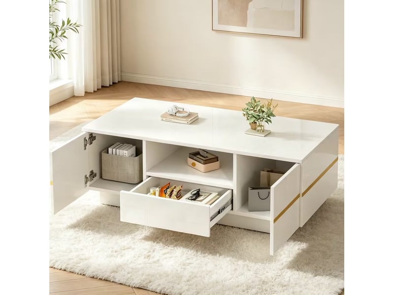  Table basse avec led et rangement 100x50x35.5 cm en mdf blanche et dorée  - Conforama R