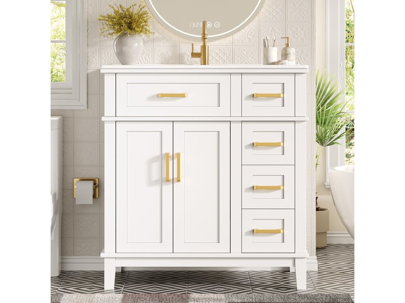  Meuble sous vasque avec tiroirs, portes et fermeture douce pour salle de bain en mdf blanc 76×46,5×86 cm  - Conforama B