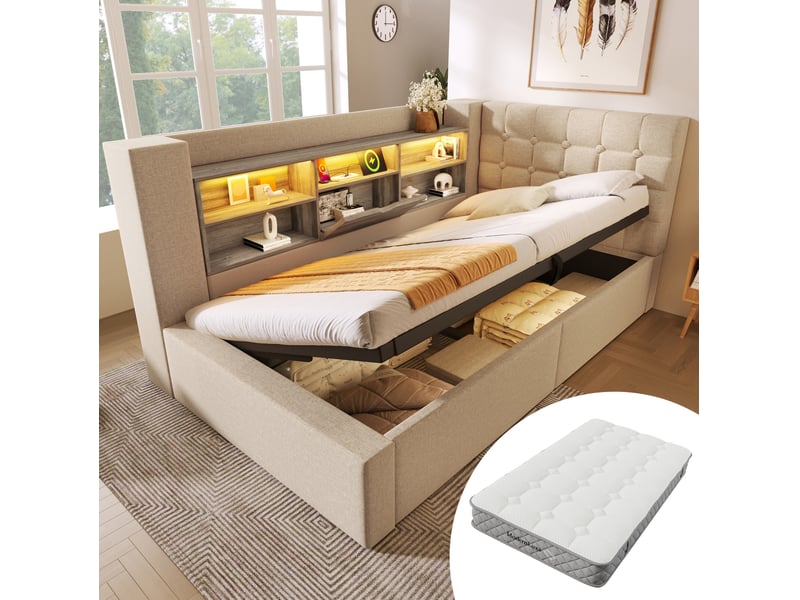 Modenvie lit coffre 90x200 cm - led, tête de lit avec rangements et ports usb, matelas inclus - beige  - Conforama B