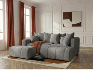 Canapé d'angle droit convertible BOBOCHIC ROXELANE 4 places Tissu gris avec coffre de rangement