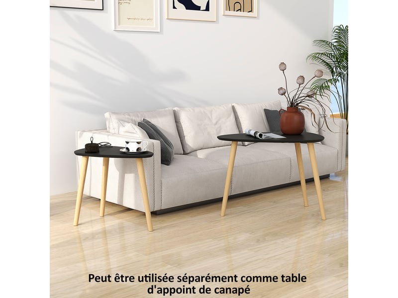 Lot de 2 tables basses gigognes design pieds scandinave en bois et plateau en bois, noir  - Conforama R