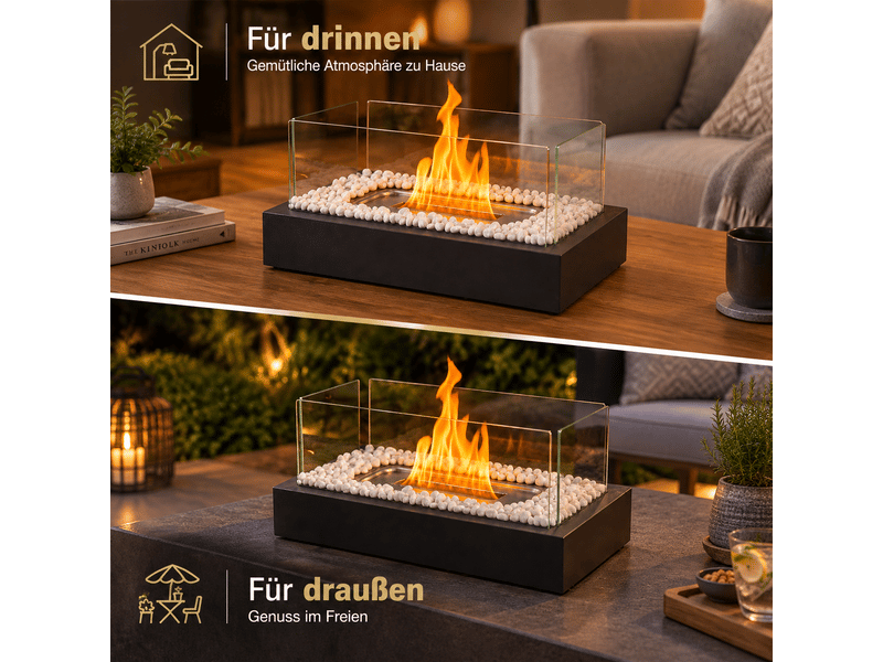 Zmh cheminée éthanol de table noir rectangle 35x18x15cm avec deux abat-jours en verre trempé - Conforama D
