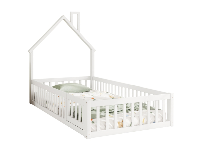  Lit enfant cabane 90x200 cm avec sommier à lattes et barrières blanc  - Conforama A