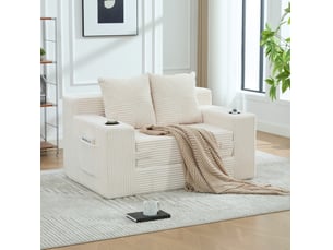 Canapé convertible 2 places 133x87x64 cm beige en velours côtelé, poches latérales et porte-gobelets