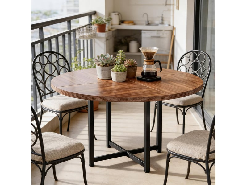 Table à manger ronde 120 cm – noir et brun – style industriel, structure en métal et plateau en bois - Conforama E