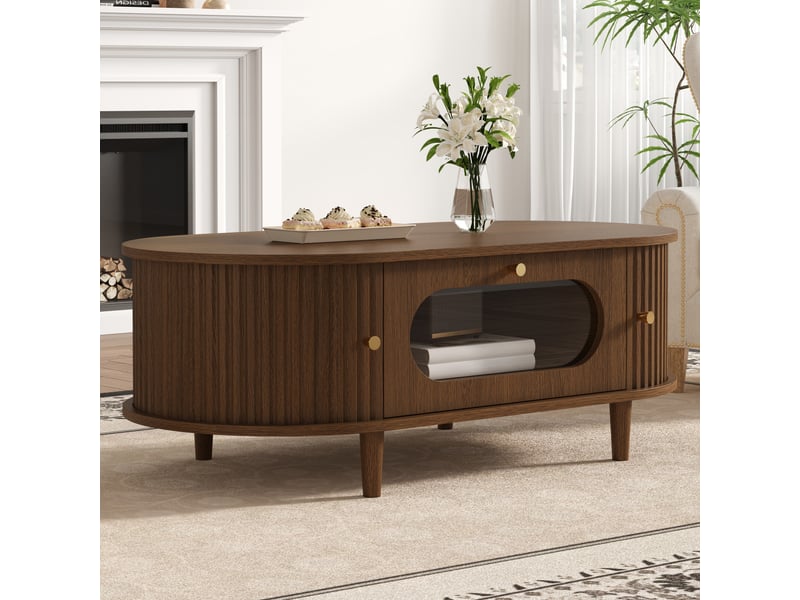  Table basse noyer avec tiroir et porte coulissante 100x50x36 cm - design moderne mdf  - Conforama B