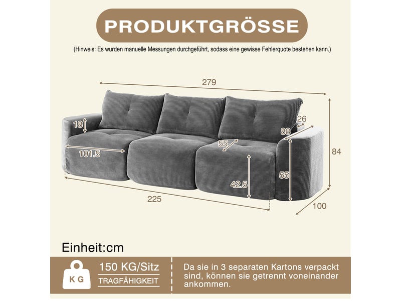  Canapé modulaire 3 places en tissu cordon style wabi-sabi, anthracite, configuration 2+1 avec siège individuel amovible, design côtelé et arrondi  - Conforama C
