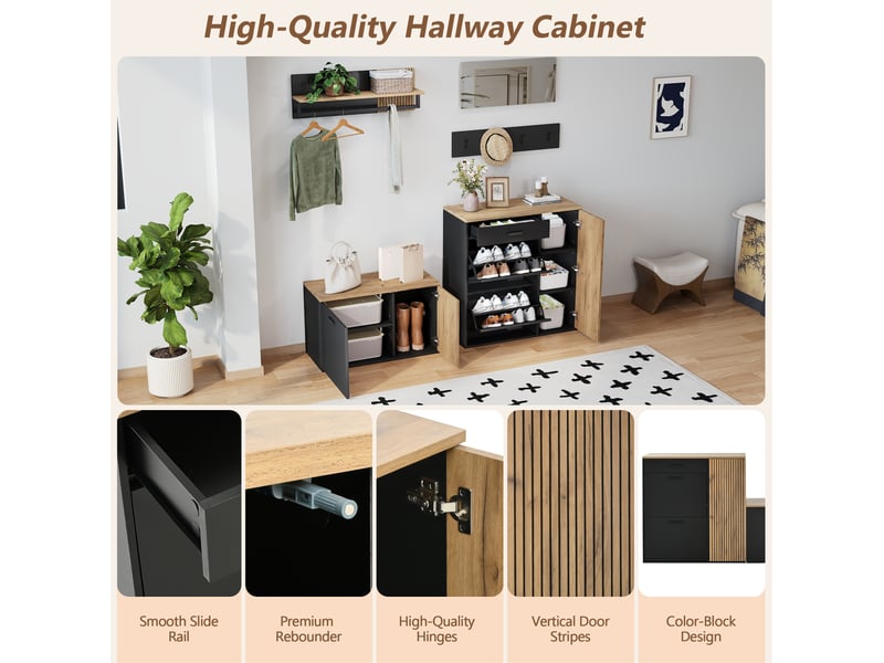 Meuble d’entrée 5 pièces avec rangement, banc à chaussures et miroir - lpospi - panneaux muraux, bois aggloméré naturel  - Conforama E
