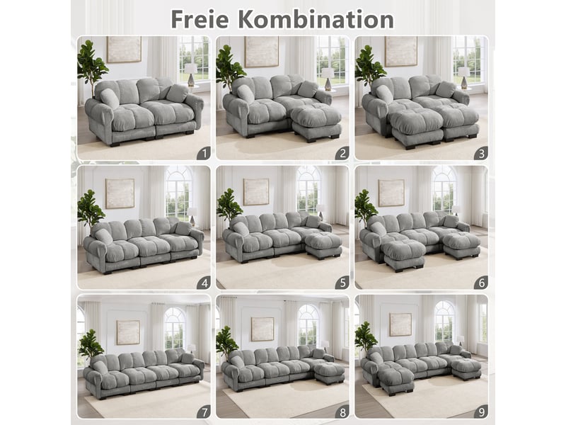  Canapé d’angle 3 places avec ottomane mobile - lpospi - coussins épais et 2 coussins, chenille - gris clair  - Conforama E