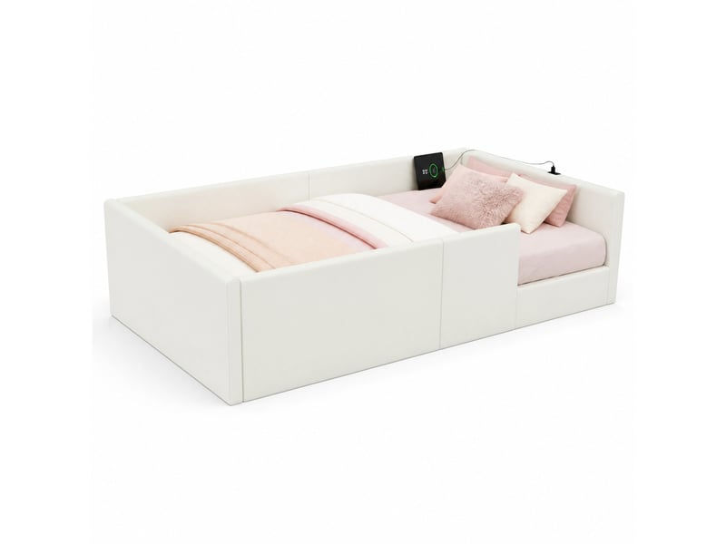  Lit simple enfant 90x200 cm – blanc – barrières de sécurité, station de charge usb et type-c – sans matelas  - Conforama A