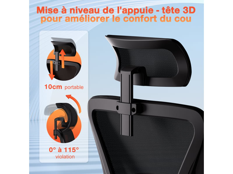  Chaise de bureau ergonomique maille, accoudoirs rembourrés, tête réglable hauteur&amp;angle, incl.90-135°, charge150kg  - Conforama D