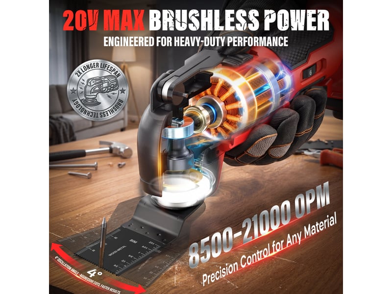  Outil multifonction oscillant 20v, 2*4.0a batteries, brushless outil multifonction sans fil avec 6 vitesses variables, 8500-21000rpm, chargeur, angle oscillant 4°  - Conforama C