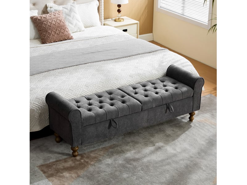  Banc coffre 2 couvercles, rangement intégré, design moderne, structure robuste, salon et chambre, tissu bouclé, gris  - Conforama B