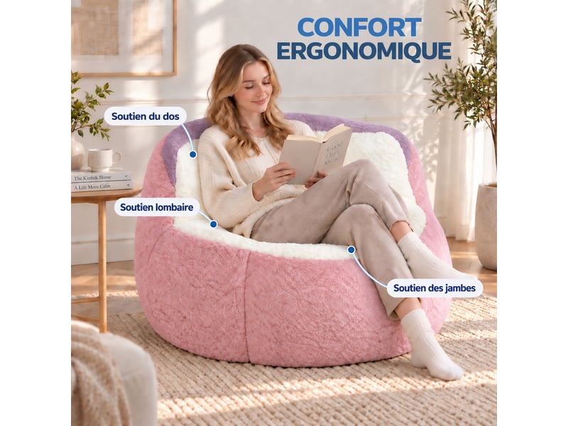 Canapé pouf géant en fausse fourrure, tissu doux respectueux de la peau, mousse déchiquetée haute résilience,rose+blanc+violet - Conforama E