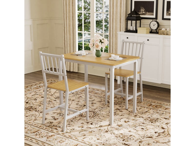  Ensemble table à manger avec deux bancs, table à manger style industriel, plateau naturel et structure blanche, 3 pièces pour cuisine  - Conforama B
