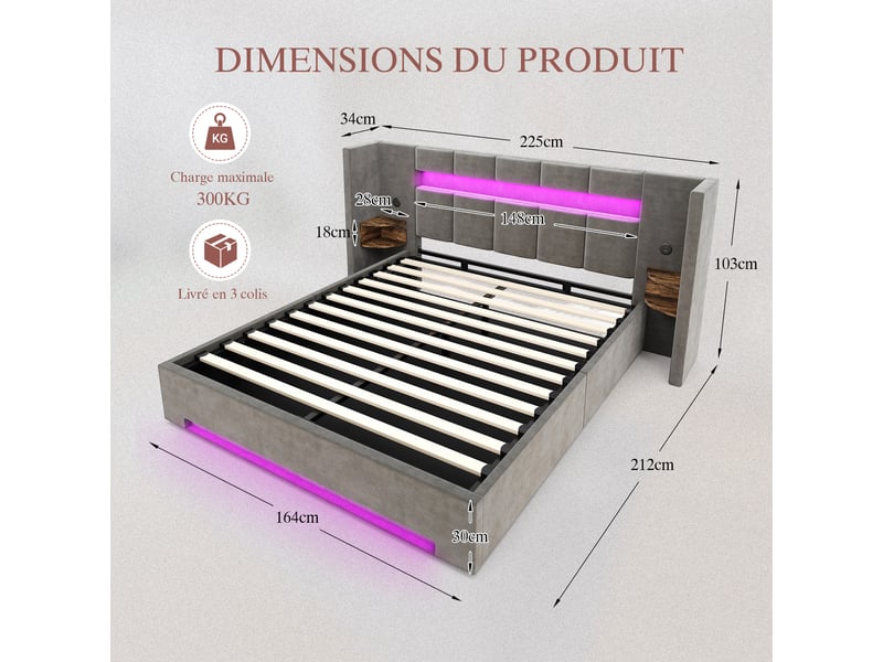  Lit coffre 160x200 en velours gris foncé, ouverture hydraulique, 2 ports usb et éclairage led  - Conforama C