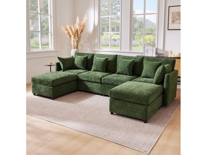  Canapé modulable modenvie 6 places en chenille vert convertible en u et en l avec 2 poufs et 6 coussins  - Conforama B