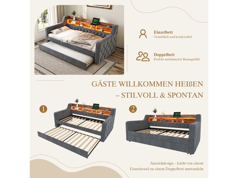  Lit gigogne enfant 90x190 cm avec led, rangement, velours, gris foncé, sans matelas  - Conforama E