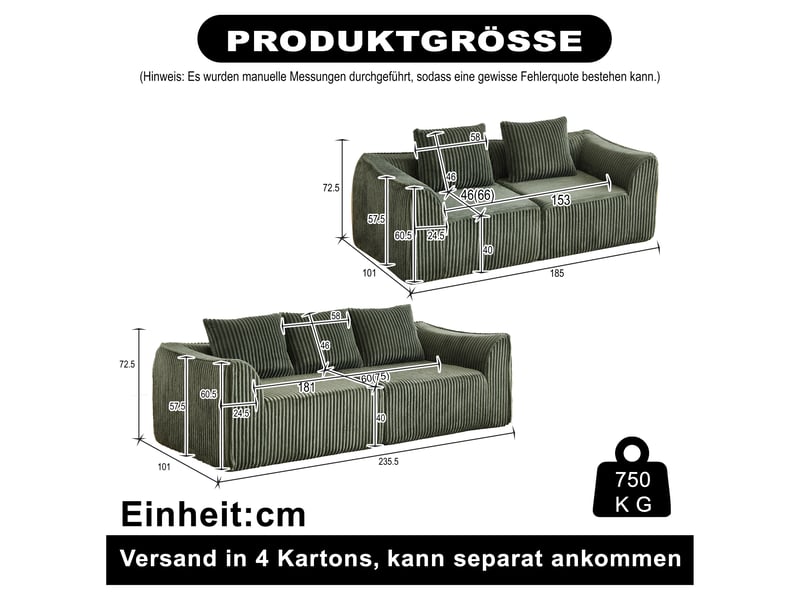 Canapé droit en velours côtelé vert, canapé 3 + 2 places avec 5 coussin, sans montage, mousse  - Conforama C