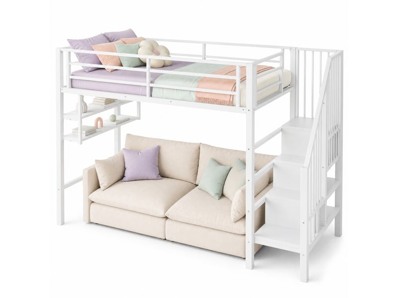  Lit mezzanine enfant 90x200 cm, échelle, rangement, rangements, garde-corps de protection, métal et mdf, blanc sans matelas  - Conforama A