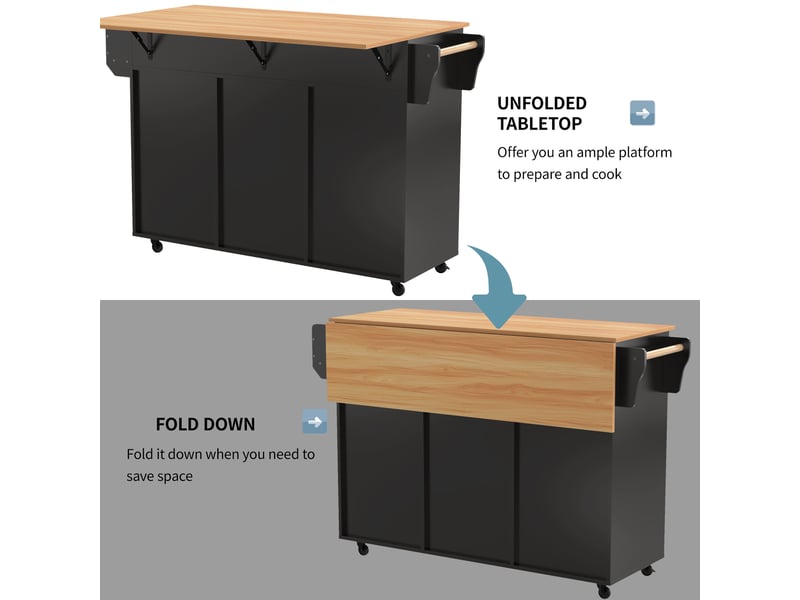 Îlot de cuisine avec rangements et plateau rabattable - lpospi - avec roulettes - en mdf - noir et bois - 139 × 46(71) × 91,5 cm - Conforama E