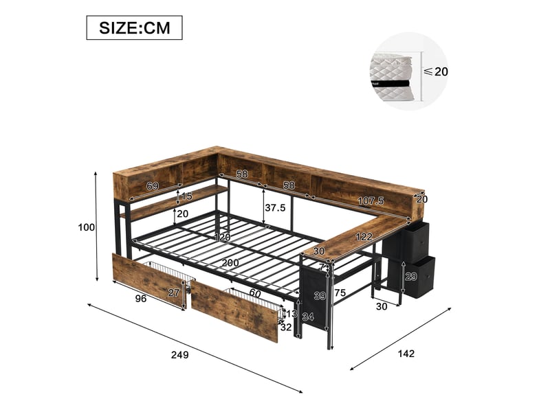  Lit 120x200 cm en métal noir et décor bois, 2 tiroirs, table latérale et chargeur intégré, sans matelas  - Conforama C